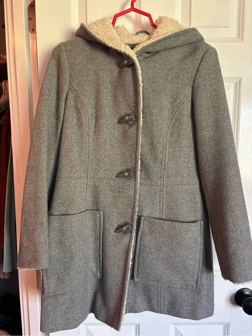 Jessica Simpson Gray Hooded Wool-Blend Pea Coat with Cream Sherpa Trim